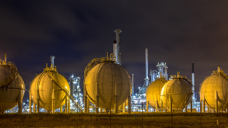 Liquid Natural Gas globe containers in Europoort industrial area location Botlek in Port of Rotterdam